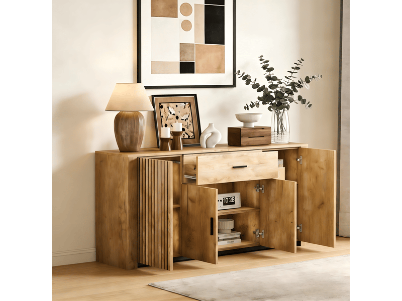  Buffet bas 160x40x75 cm chêne clair avec 4 portes et 1 tiroir  - Conforama E