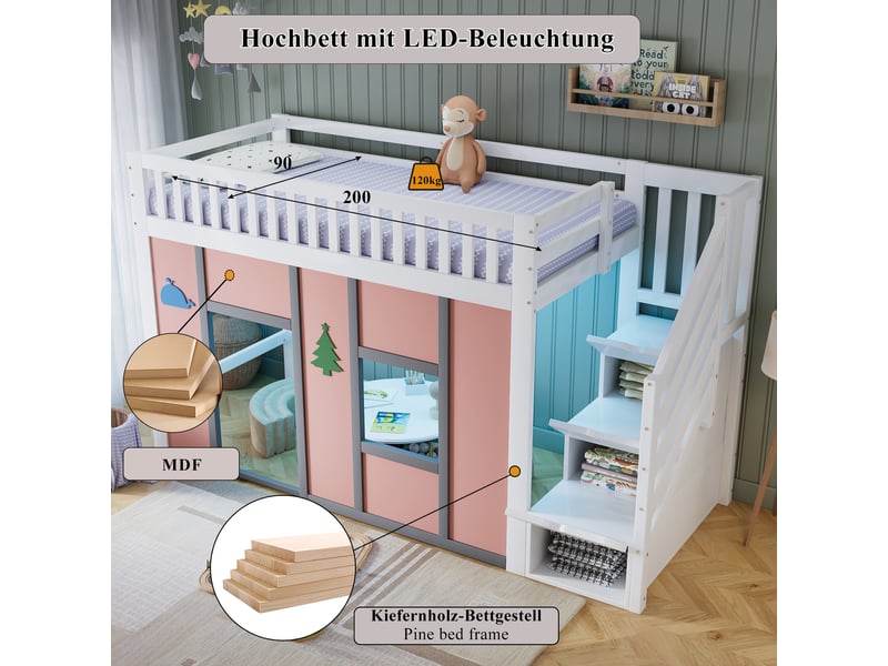  Lit mezzanine 90x200 cm, lit enfant, escalier avec rangement, barrière antichute, led, bois blanc et rose  - Conforama W