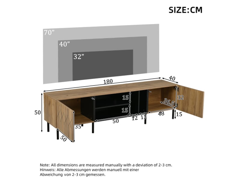  Meuble tv bas en bois naturel et noir, 2 portes, 4 rangements ouverts - 180×40×50 cm, jusqu’à 70 pouces  - Conforama C