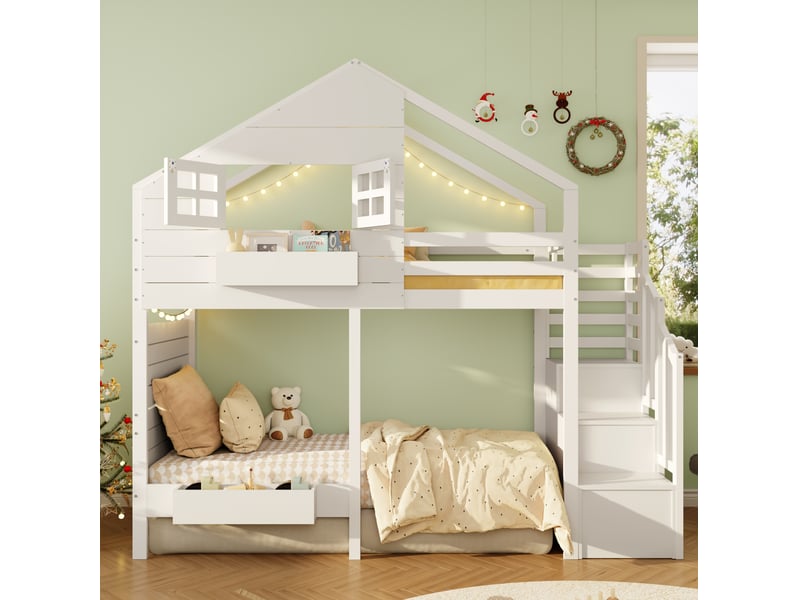  Lit superposé avec rangements en bois et mdf blanc  - Conforama B