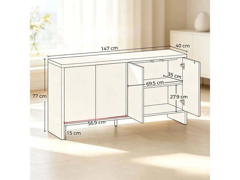  Buffet bas de rangement avec portes sans poignées - lpospi - étagères réglables mdf chêne 147 × 40 × 77 cm  - Conforama D