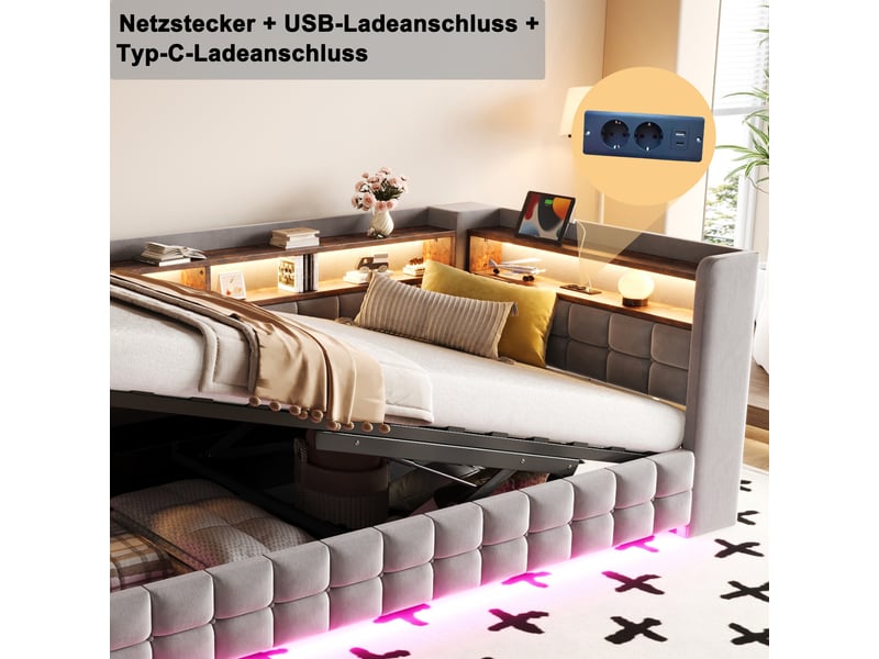 Lit coffre 90x200 cm - lit simple avec rangement hydraulique - tête de lit led, usb & type-c - étagères - gris - Conforama D