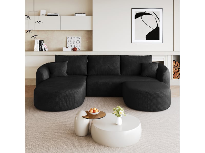  Canapé d'angle panoramique en u 5 places 266x168 cm en chenille noir  - Conforama D