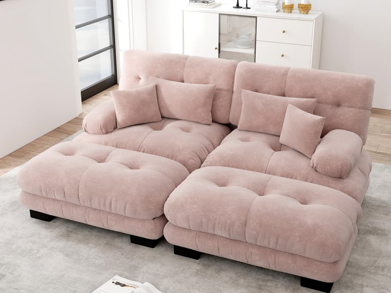 Canapé droit modulable 2 places, avec 2 coussins lombaires + 2 décoratifs, larges accoudoirs, 2 poufs, 220x145x81cm, chenille rose - Conforama B
