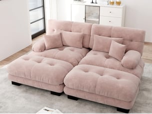 Canapé droit modulable 2 places, avec 2 coussins lombaires + 2 décoratifs, larges accoudoirs, 2 poufs, 220x145x81cm, chenille rose