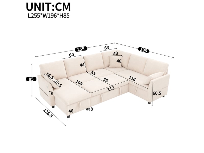  Canapé d’angle convertible tcqpz 6 places 255 x 196 x 85 cm rangement usb type-c beige  - Conforama C