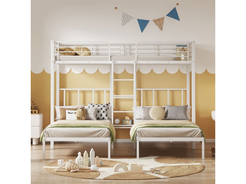  Lit superposé 3 places 90x200cm, lit triple en métal blanc pour chambre d'enfant, avec table de chevet et échelle à 4 marches, stable  - Conforama B