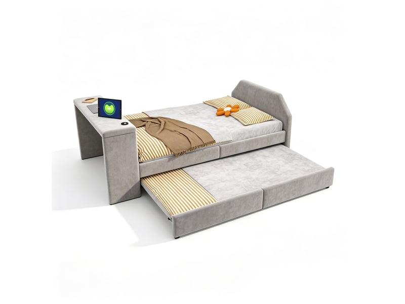  Lit enfant 90x200 cm avec bureau intégré, port usb et lit gigogne gris sans matelas  - Conforama A