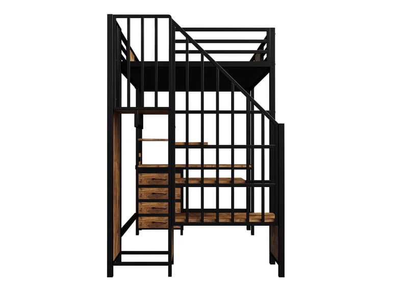 Lit mezzanine 90x200 cm – noir – bureau, rangements, tringle, led, prise et escalier intégrés - sans matelas - Conforama E