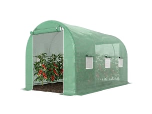 Serre tunnel 4 x 2 x 2 m avec porte enroulable et 6 fenêtres grillagées, bâche pe 140 gm², verte