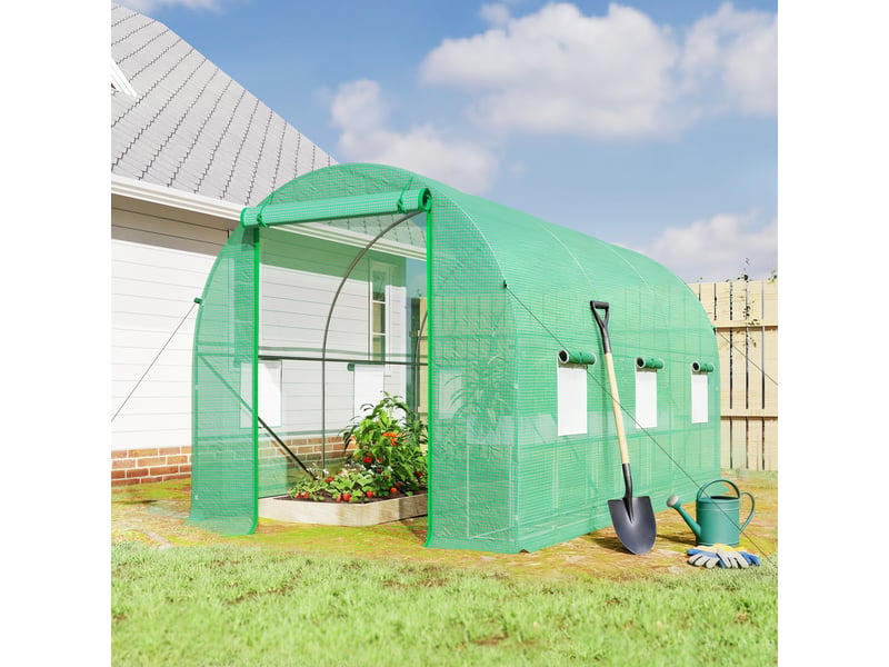  Serre tunnel de jardin 8 m², serre de jardin tunnel avec porte et 6 fenêtres, bâche pe 140 gm² 400 x 200 x 200 cm vert  - Conforama D