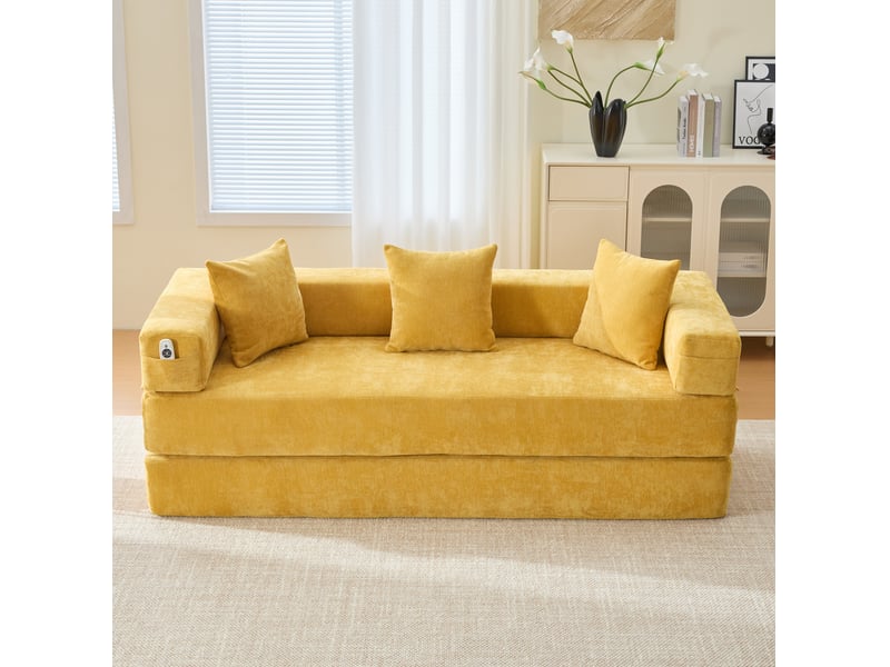 Canapé droit modulable 2 places en tissu jaune moutarde, convertible en couchage avec poches latérales pratiques - Conforama E