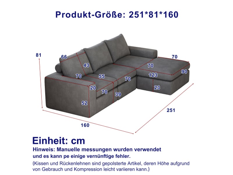  Canapé d’angle, 251x160x81 cm, 3 places réversible, corduroy, gris foncé  - Conforama C