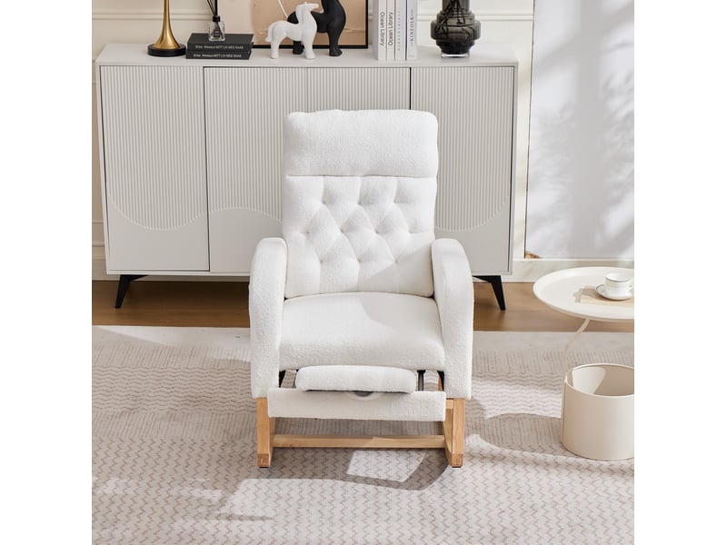 Fauteuil à bascule en bouclé avec repose-pieds réglable et poches latérales, style nordique blanc - Conforama E