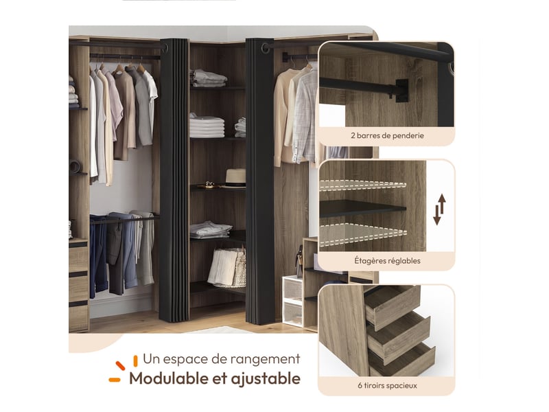 Dressing extensible d'angle marlon 220 x 220 x 180 cm hêtre avec penderies + porte pantalon + étagères + tiroirs + rideaux noirs  - Conforama C