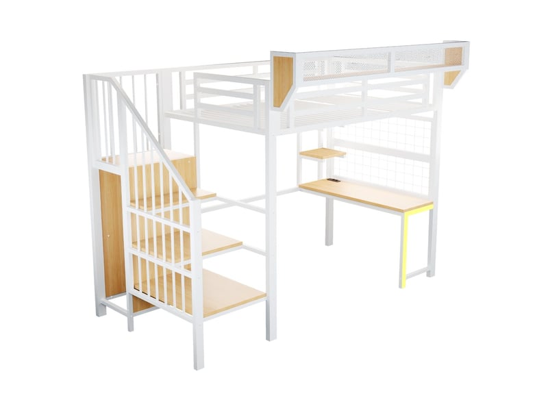 Lit mezzanine métal surélevé 90×200 cm barrières bureau étagère filet rangement échelle sécurité led prise blanc - Conforama A