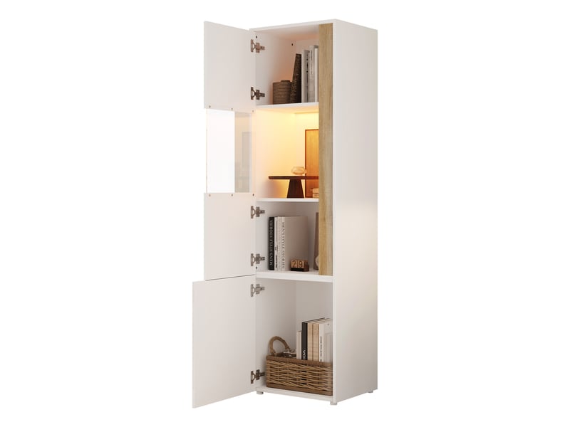  Vitrine de rangement, avec 2 portes, avec éclairage led, coloris blanc et naturel, pour salon, solution de rangement fonctionnelle  - Conforama C