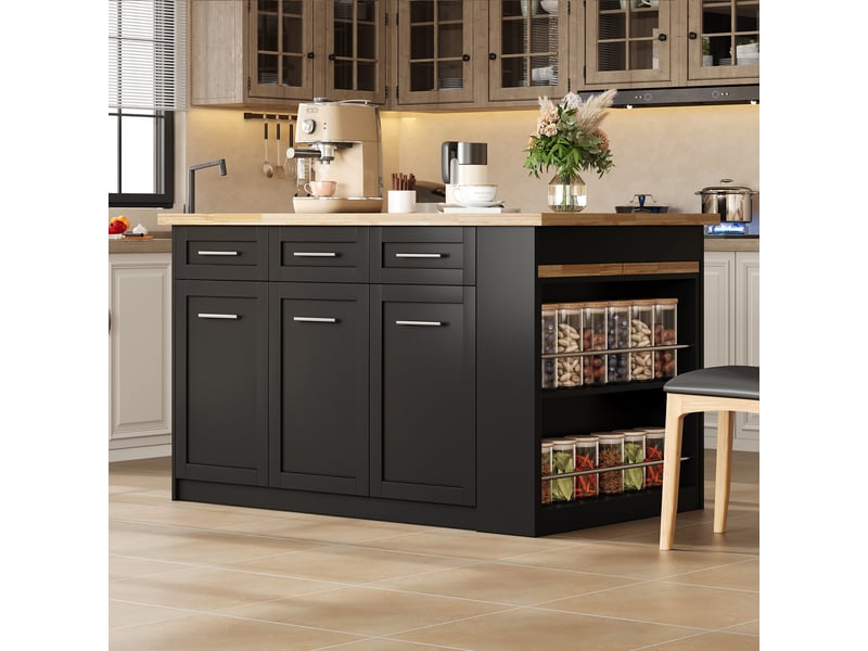  Îlot central avec table escamotable 150 cm, îlot de cuisine noir et bois, meuble de rangement mdf style européen  - Conforama D