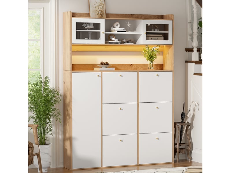  Meuble à chaussures 130x25x180 cm blanc naturel en panneau de particules, 6 compartiments basculants, led et verre  - Conforama B