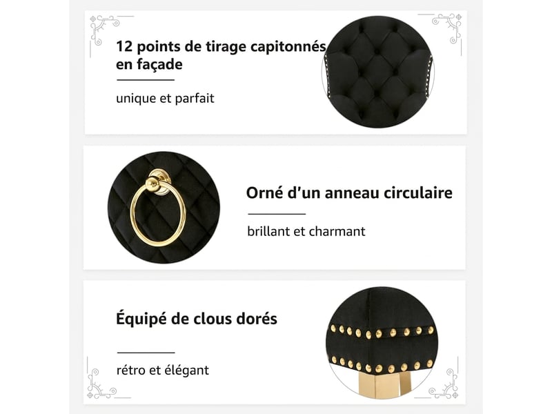  Lot de 2 chaises de salle à manger velours noir avec anneau au dos et pieds en acier inoxydable doré  - Conforama W