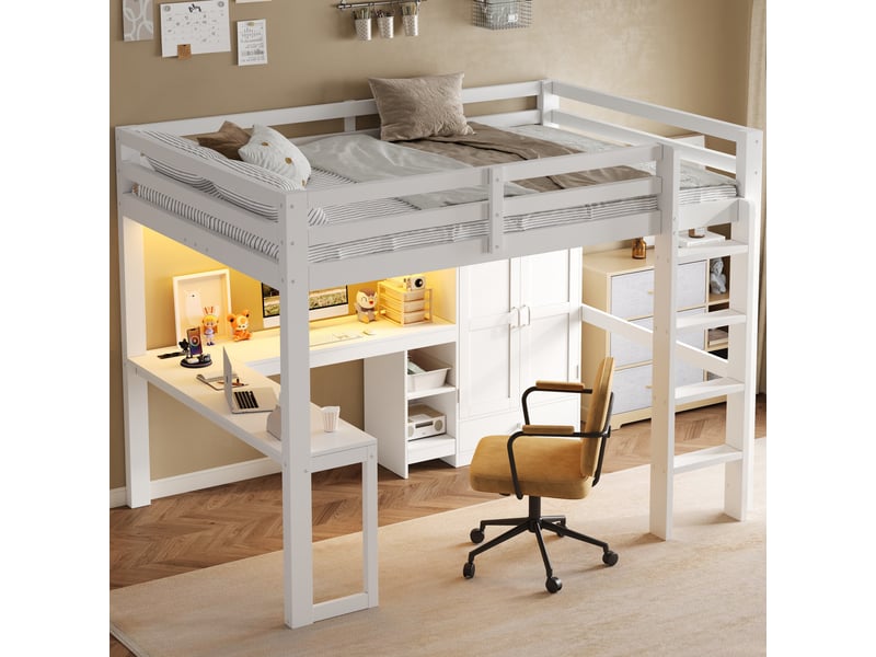  Lit mezzanine 90 x 200 cm, lit enfant surélevé, 1 tiroir, placard intégré, bureau intégré, étagères ouvertes, éclairage led, bois massif, blanc Morn Vibe - Conforama D