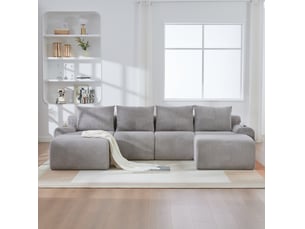 Canapé modulable 4 places 333x174x80 cm, assises généreuses, porte-gobelet incorporé, poche latérale, velours côtelé gris clair