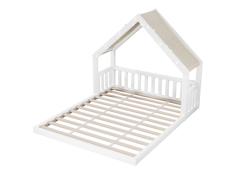  Lit cabane enfant en bois avec toit en tissu et guirlande lumineuse, blanc – 140 x 200 cm IKSETERA TRADING LTD - Conforama A