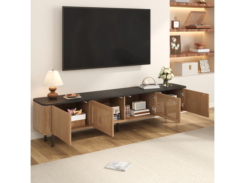 Meuble tv 190 cm avec portes grillagées et rangement chêne et noir - Conforama R