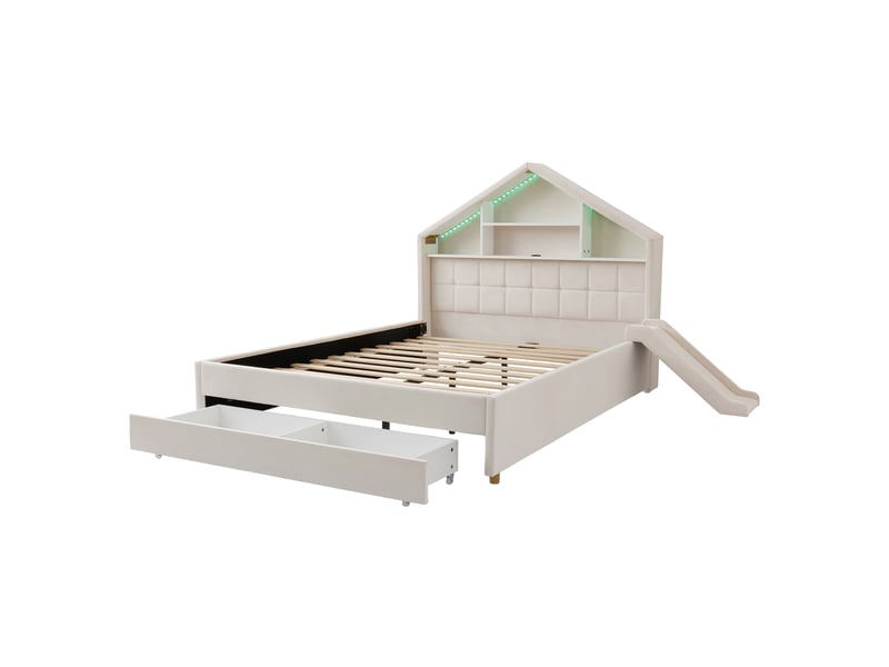  Lit enfant capitonné 140x200cm beige avec toboggan, led et chargeur, tête maison  - Conforama A