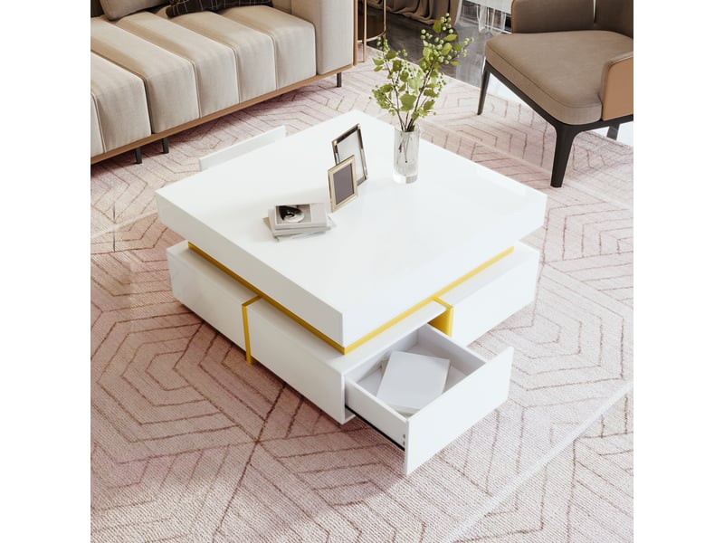 Table basse 70x70x35,5 cm avec 2 tiroirs, rangement sur deux côtés, finition brillante, panneaux de particules, blanc et doré ABC - Conforama D