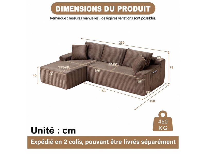  Canapé d’angle, velours côtelé, compact rembourré mousse, gauche, salonchambre, 79x239x156 cm, marron  - Conforama C