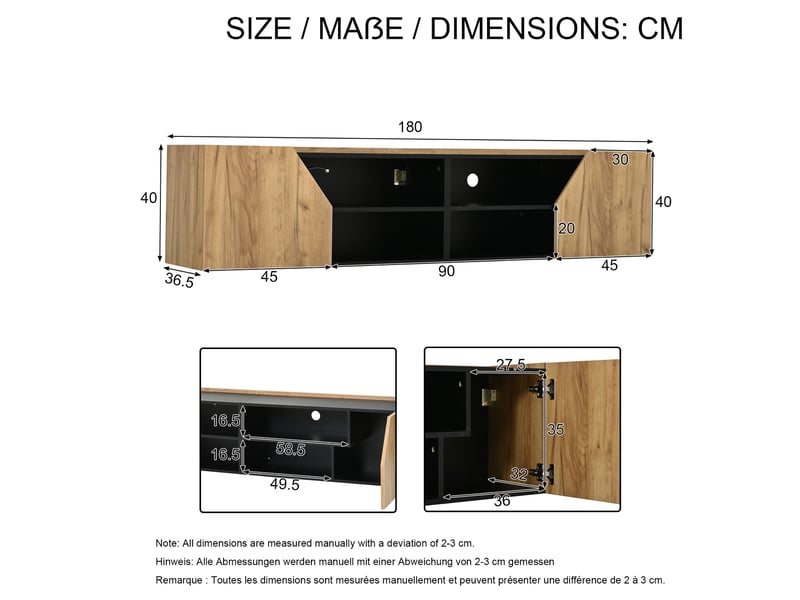 Meuble tv mural 180x36,5x40 cm avec led bluetooth, 2 portes, noir et effet bois - Conforama E