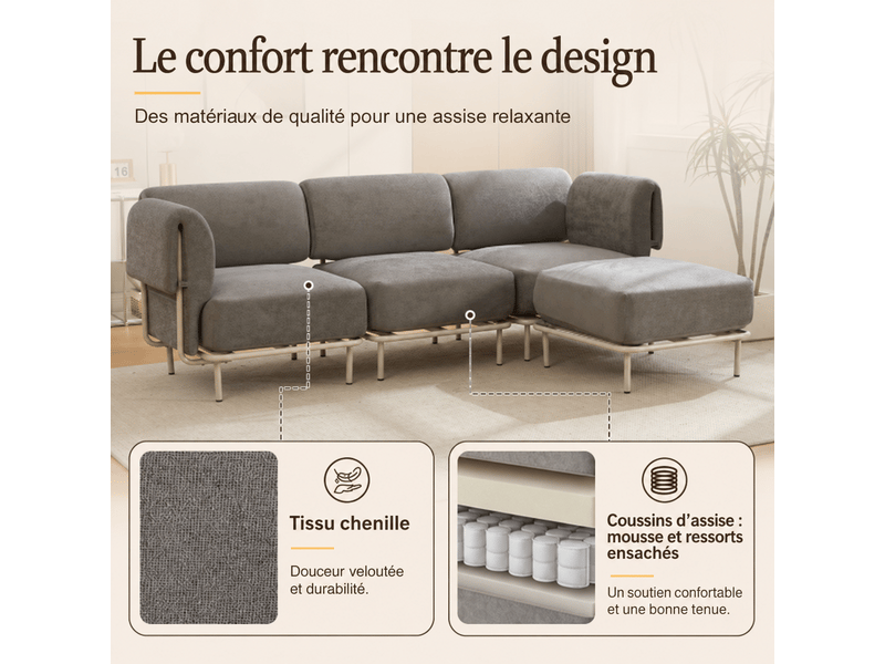 Canapé d’angle modulable 3 places 251x155x78 cm, avec pouf repose-pieds indépendant, style scandinave, en tissu chenille gris - Conforama E