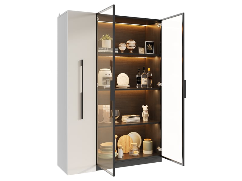  Vitrine moderne avec éclairage led, armoire haute noir et blanc 110.5x35x160 cm, meuble de rangement avec porte en verre  - Conforama W