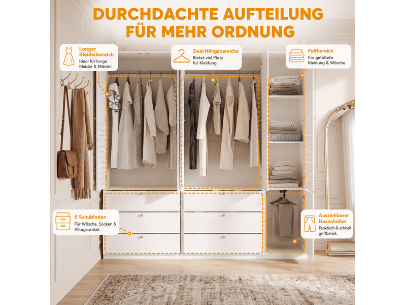  Armoire 5 portes 225x50x200 cm, 3 tringles, 6 tiroirs, portes lamellées, panneaux de particules, blanc  - Conforama E