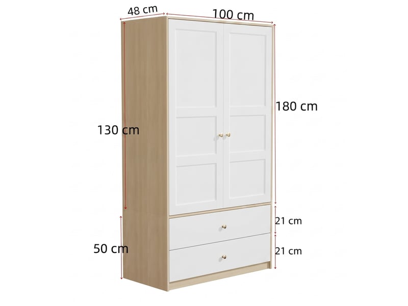  Armoire 100 x 48 x 180 cm, 2 portes avec 2 tiroirs et penderie, blanc et décor bois  - Conforama C