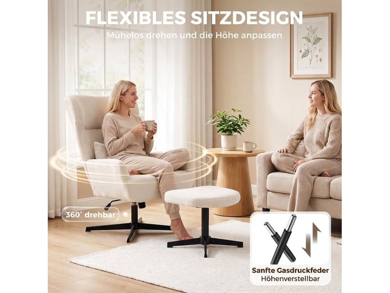 Fauteuil relax pivotant réglable en hauteur avec repose-pieds et coussin lombaire en chenille crème - Conforama C