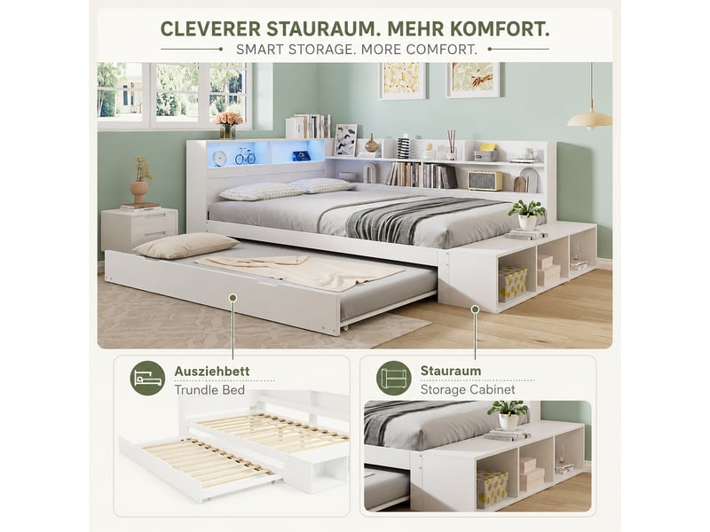  Lit banquette simple 120×200 et 90×190 cm, rangement, led et prise de charge - okmyhome- bois blanc, sans matelas  - Conforama E