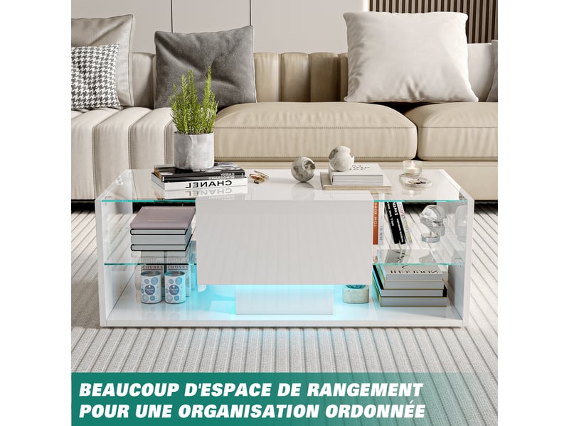  Table basse brillante avec led,table basse salon, table d'appoint, plateau en verre ,moderne,100 x 50 x 35 cm,blanc  - Conforama D