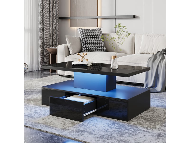  Table basse à deux niveaux pour le salon avec éclairage led 16 couleurs, table de salon laquée brillante, console avec étagère ouverte et un tiroir coulissant, petite table d'appoint rectangulaire, noire  - Conforama B