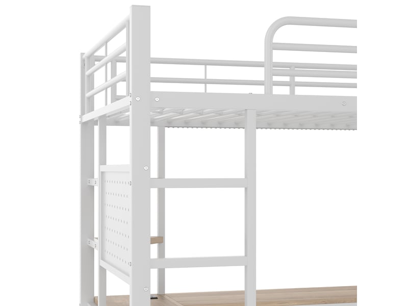 Lit mezzanine 90x200 cm avec bureau, led, prise usb-c, étagères et panneau perforé, métal et mdf, blanc  - Conforama D
