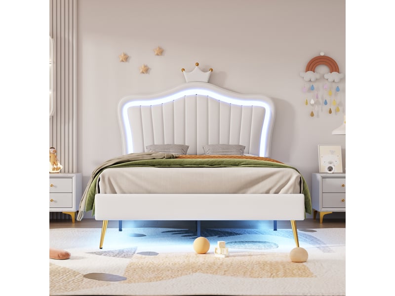  Lit enfant fille 90x200 lit princesse couronne blanc capitonné avec led  - Conforama E