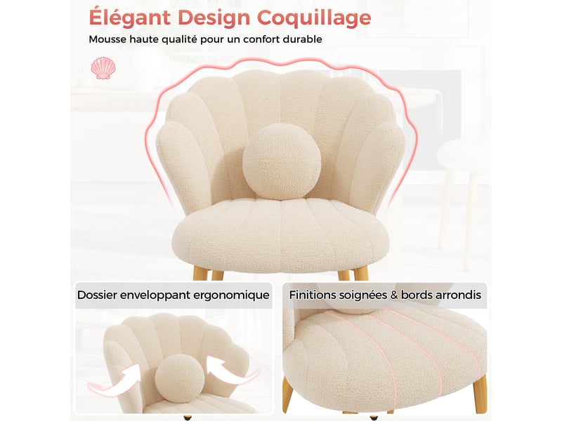 Lot de 4 fauteuils 60x62.5x83 cm tissu bouclé assise rembourrée dossier coquillage pieds en métal moderne beige OPULERANE TRADING LTD - Conforama E