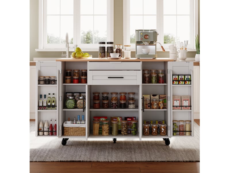  Desserte de cuisine mobile 136x70x92 cm, plateau extensible, blanc et naturel  - Conforama B