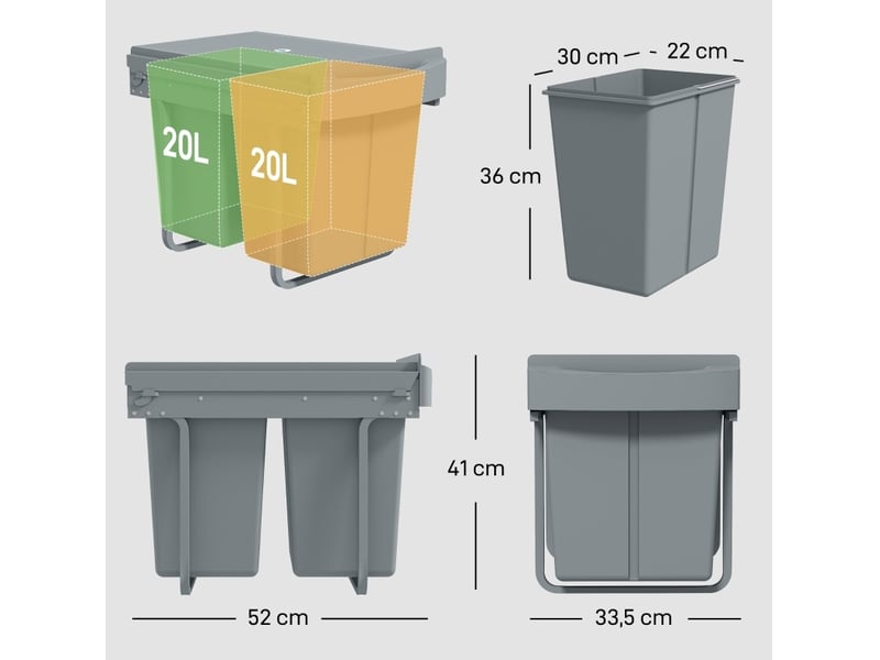  Poubelle encastrable tcqpz coulissante 2 x 20 l avec bacs amovibles 52 x 33,5 x 41 cm grise  - Conforama C