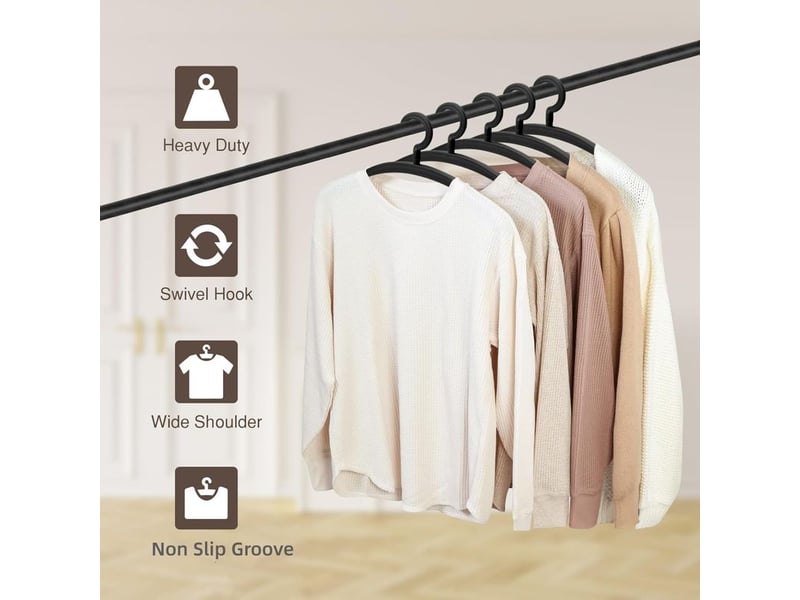  Paquet de 10 cintres en plastique robustes capacité de 25lb crochet pivotant cintre à vêtements large épaule antidérapant épais cintre noir  - Conforama C