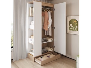 Armoire 1 porte avec étagères et tiroirs, rangement pour chambre ou bureau, en bois, blanc et naturel, 70 × 40 × 170 cm