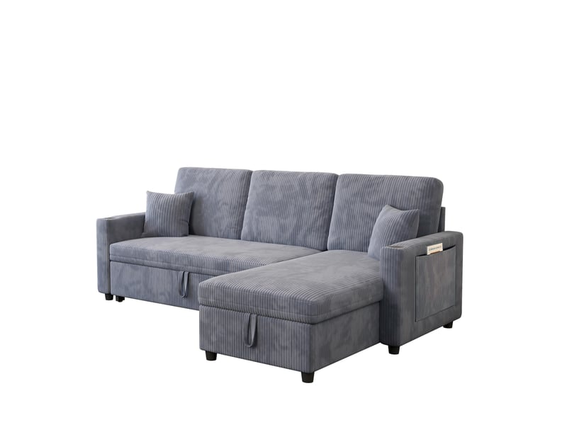  Canapé d'angle convertible 3 places en velours côtelé gris avec rangement, ports usb, type-c et porte-gobelets  - Conforama A