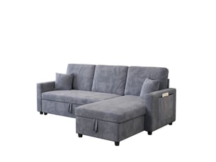 Canapé d'angle convertible 3 places en velours côtelé gris avec rangement, ports usb, type-c et porte-gobelets