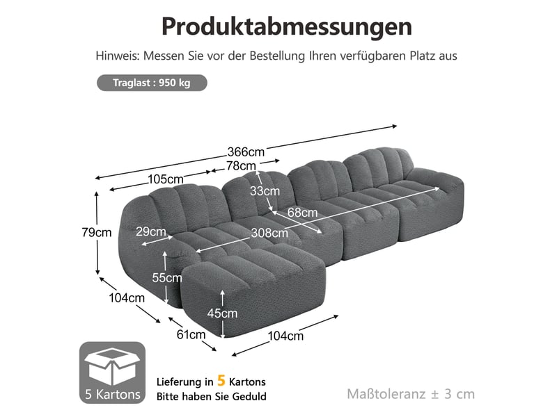  Canapé d'angle modulable 4 places gris en tissu bouclette avec ottoman, confort souple pour le salon familial  - Conforama C